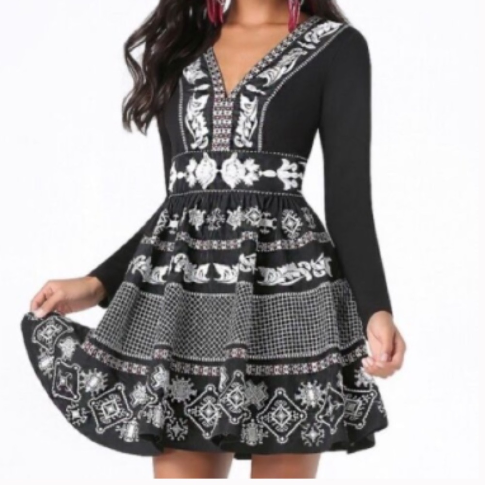 bebe Black and White Embroidered V-Neck Mini Dress